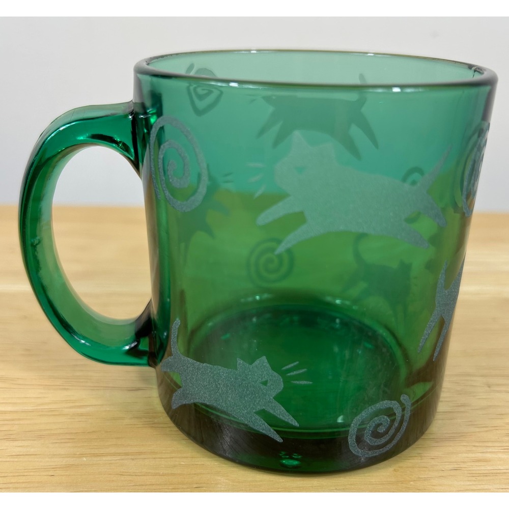 Cat Etched Glass Mug Green Vintage 1998 Frosted Cat Spiral Made in USA Cup 90s